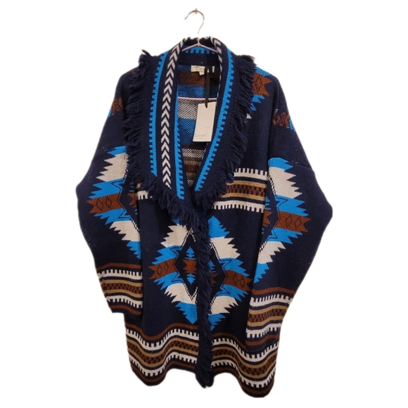 Cocogio Sweaters - Cocogio Fringe Cardigan Made in Italy Aztec Tribal Long Open Front Sweater SizeL